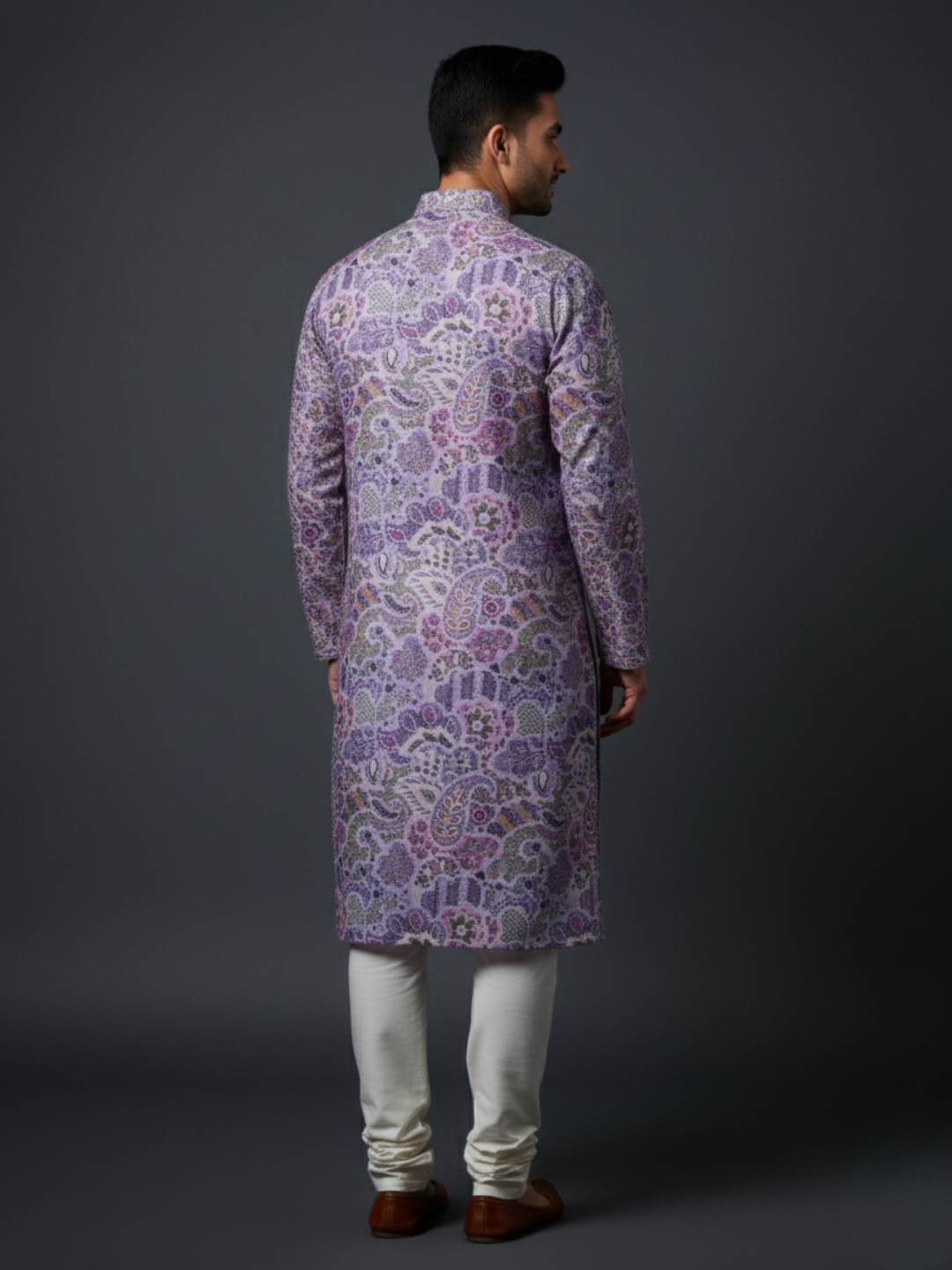 Lavender Paisley Cotton Block Print Embroidery Mandarin Collar Regular Fit Kurta