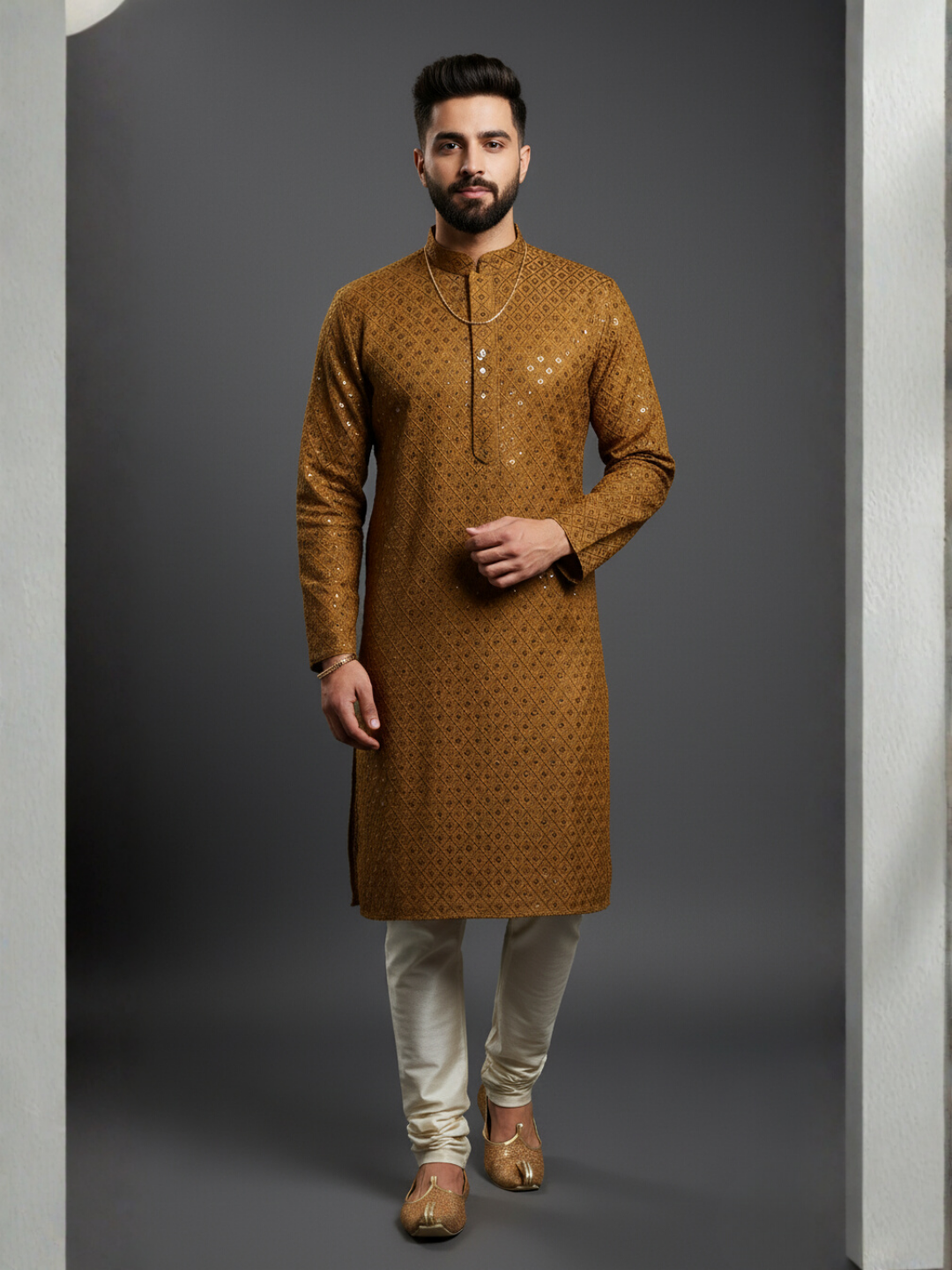 Luxe Sequience Embroidery Mandarin collar regular fit Kurta