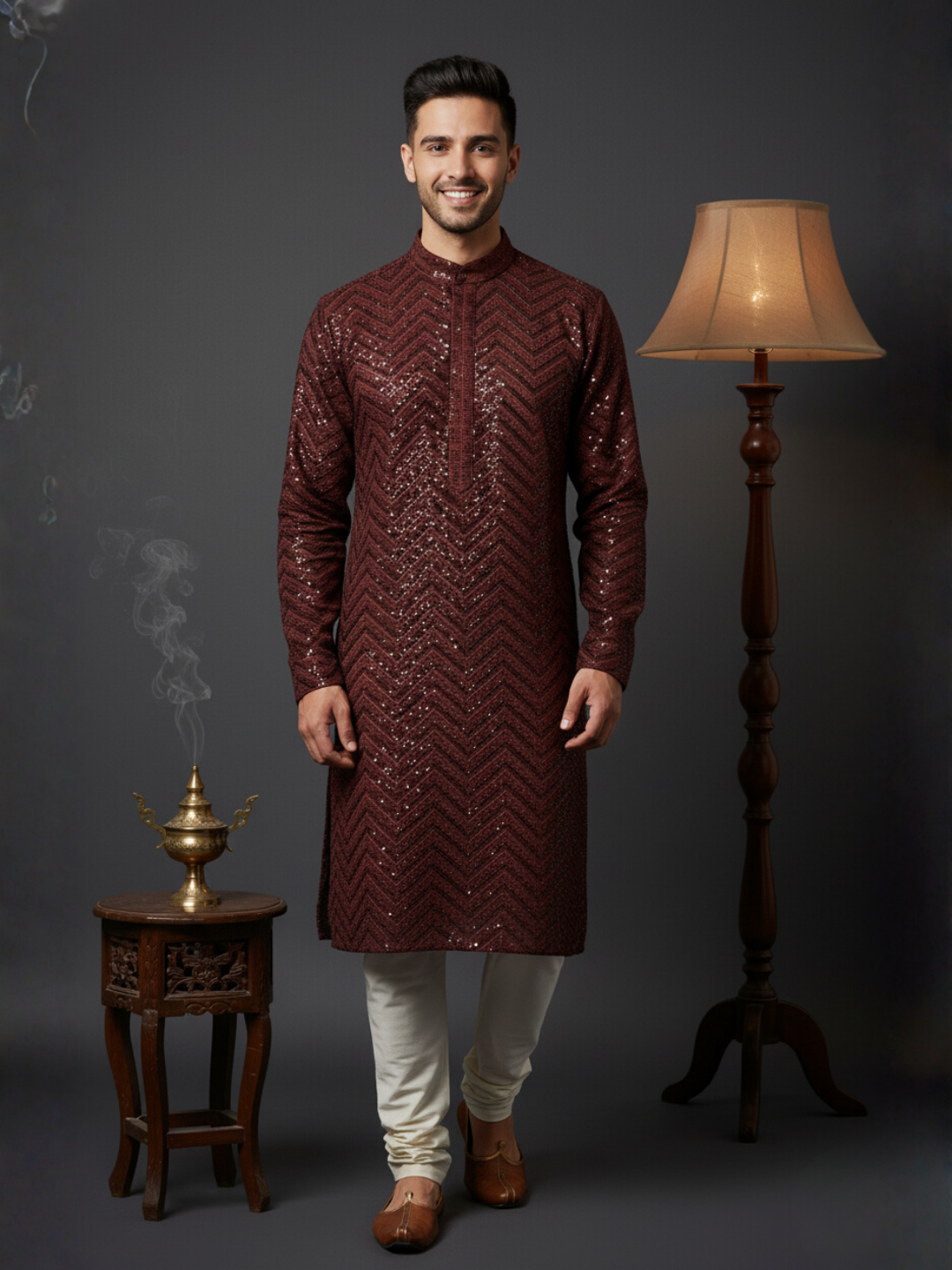 Traditional Sequience Embroidery Mandarin Collar Regular Fit Kurta
