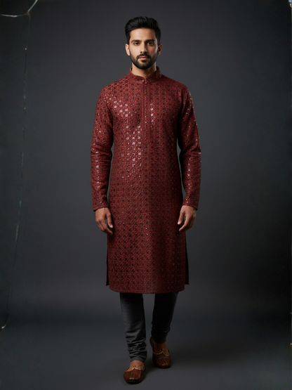 Top Traditional Sequience Embroidery Mandarin Collar Regular Fit Kurta