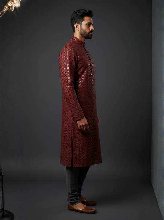 Top Traditional Sequience Embroidery Mandarin Collar Regular Fit Kurta