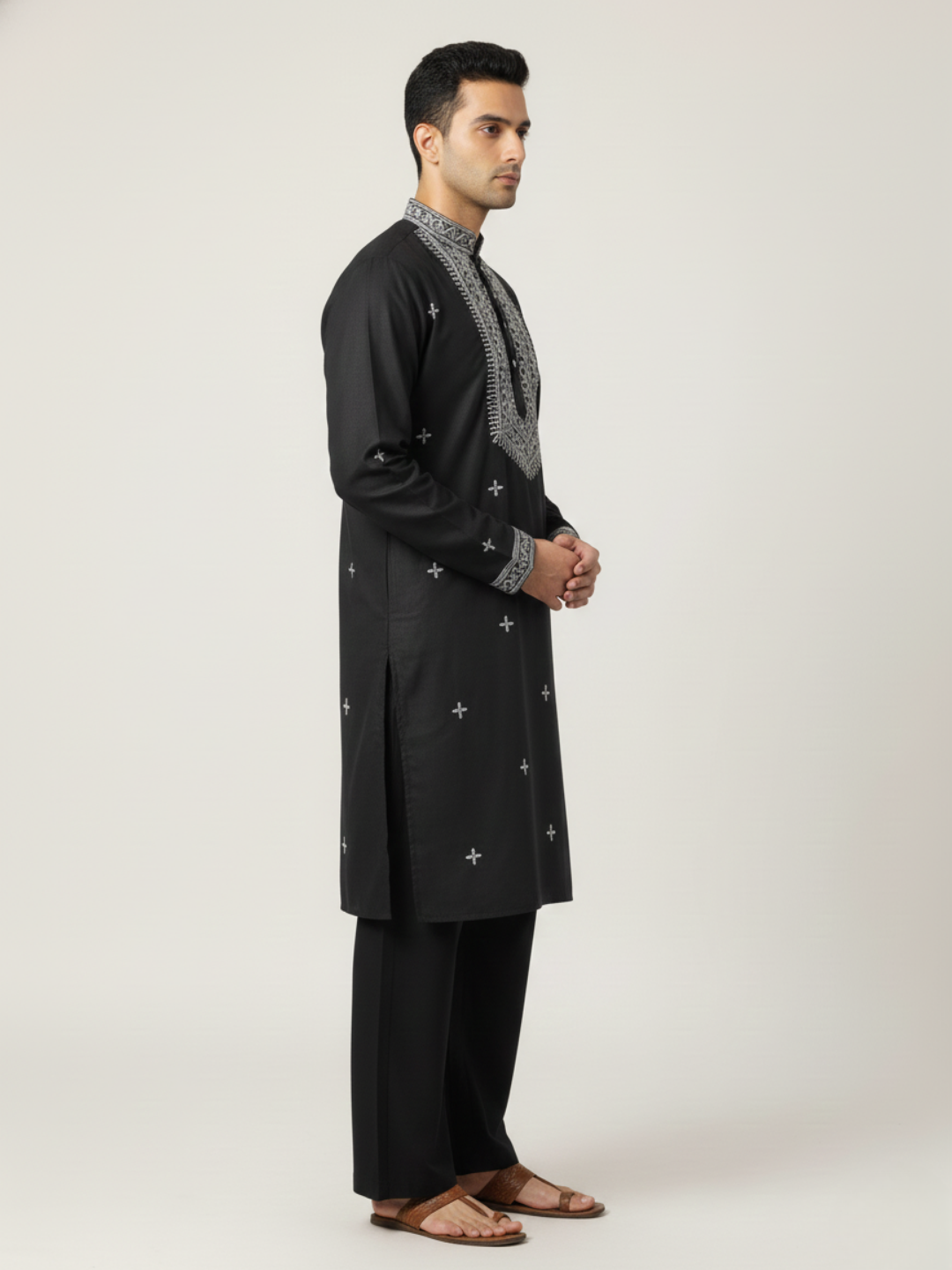 Blackberry Neck work Sequin Embroidery Mandarin Collar Regular Fit Kurta