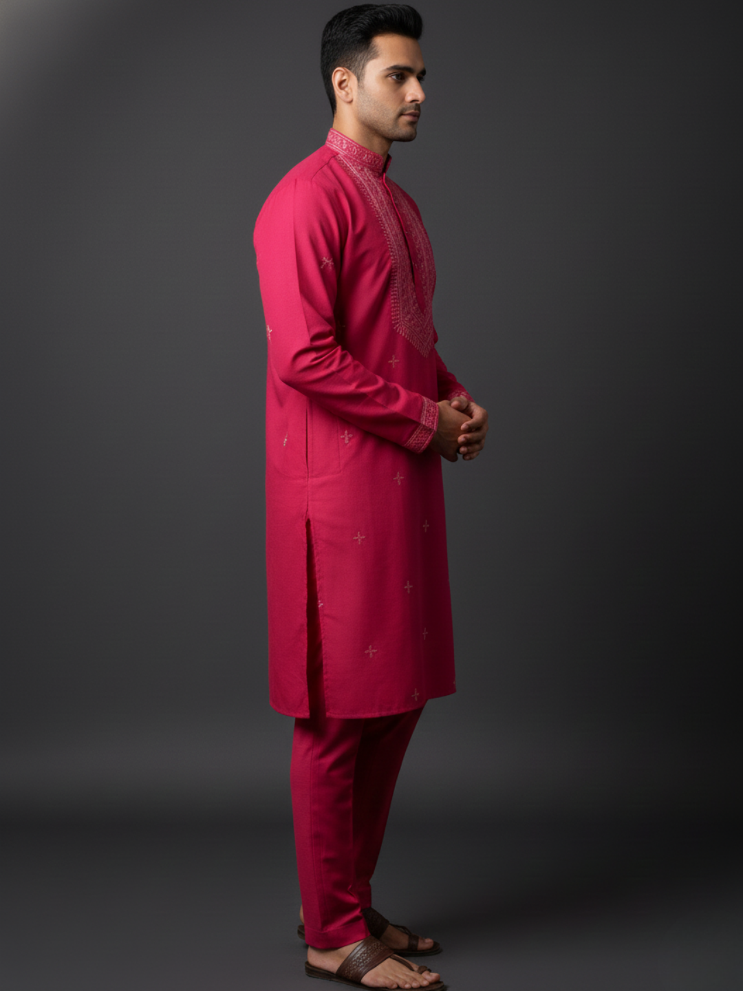 Bloom Beet Neck work Sequin Embroidery Mandarin Collar Regular Fit Kurta