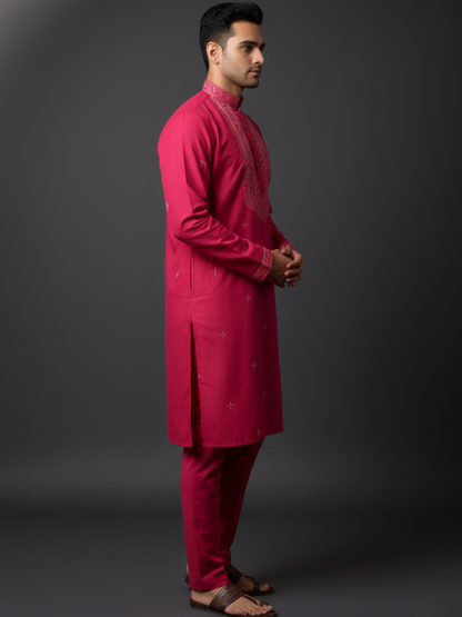 Bloom Beet Neck work Sequin Embroidery Mandarin Collar Regular Fit Kurta