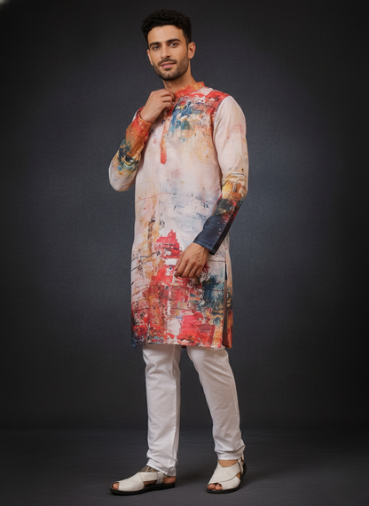 Artistic Red Mandarin Collar Regular Fit Kurta
