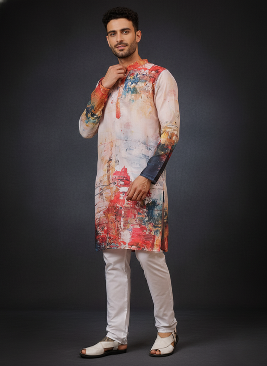 Artistic Red Mandarin Collar Regular Fit Kurta