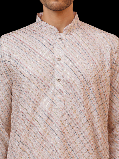 Embroidery White cotton Slant Block Print Mandarin Collar Regular Fit Kurta