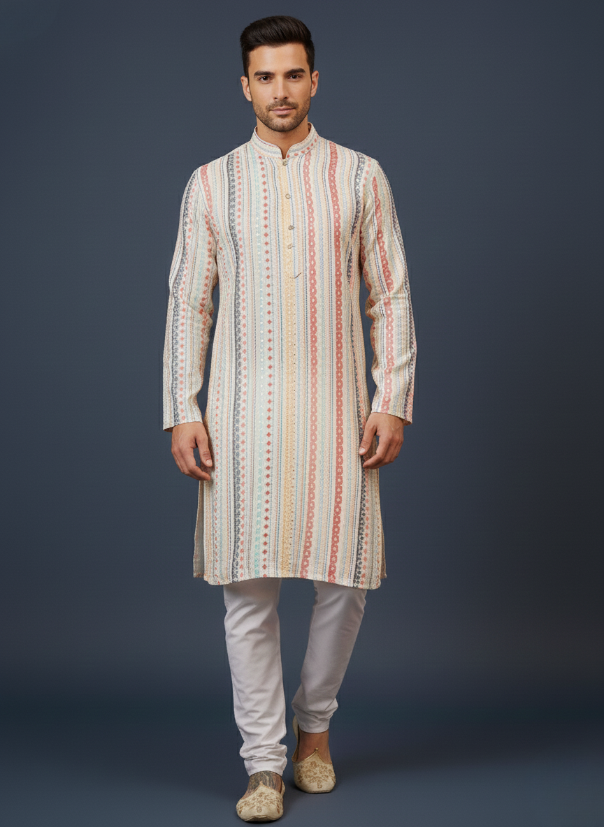 Offwhite Striped Sequin Embroidery Mandarin Collar Regular Fit Kurta