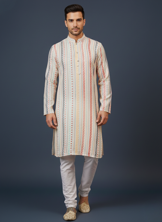 Offwhite Striped Sequin Embroidery Mandarin Collar Regular Fit Kurta