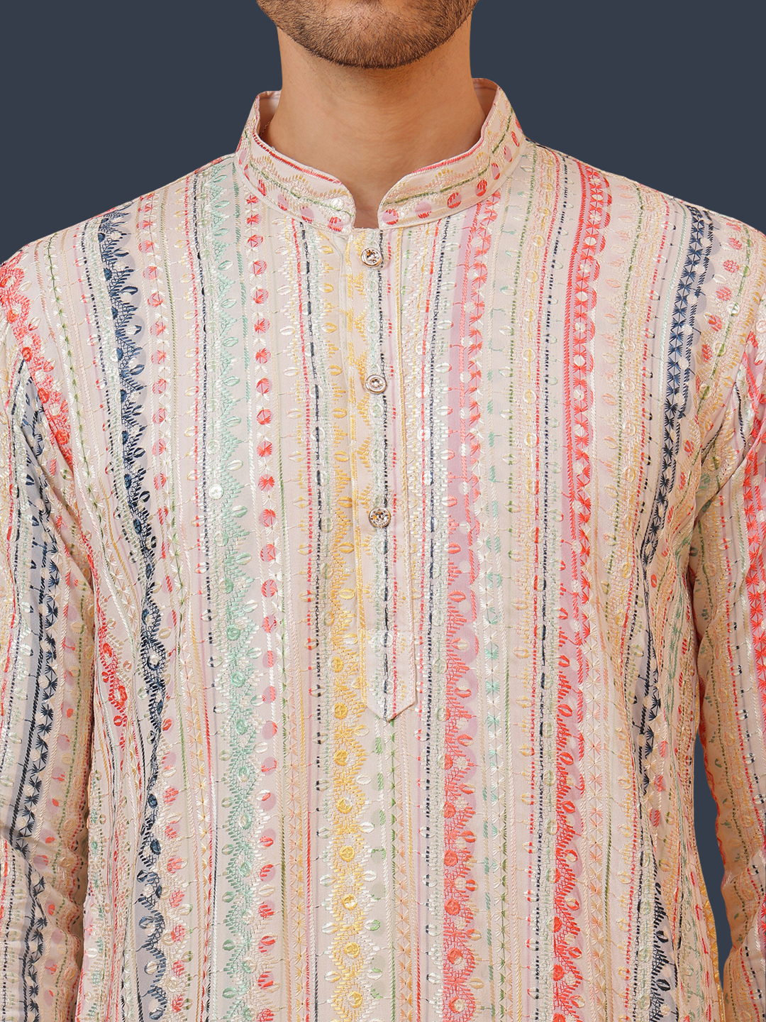 Offwhite Striped Sequin Embroidery Mandarin Collar Regular Fit Kurta