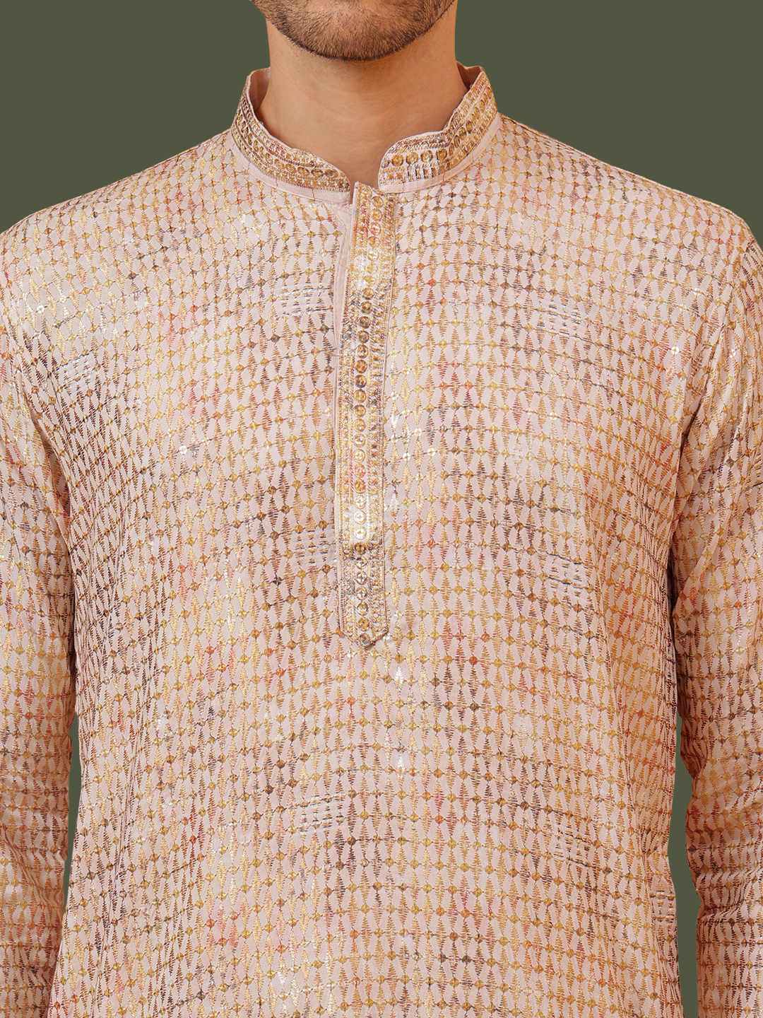 Diamond White Cotton Multi Color Block Print Mandarin Collar Regular Fit Kurta