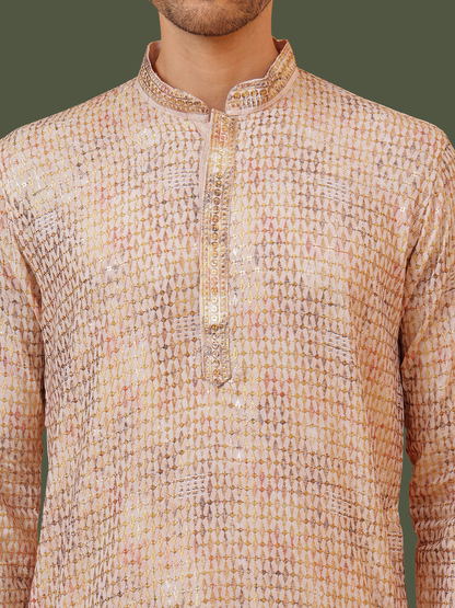 Diamond White Cotton Multi Color Block Print Mandarin Collar Regular Fit Kurta