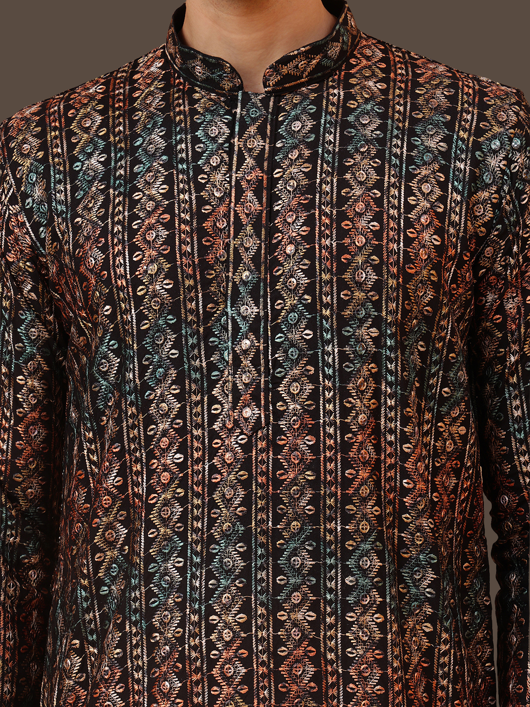 Black Stripes Cotton Multi Print Mandarin Collar Embroidery Designer Regular Fit Kurta