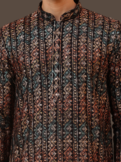 Black Stripes Cotton Multi Print Mandarin Collar Embroidery Designer Regular Fit Kurta