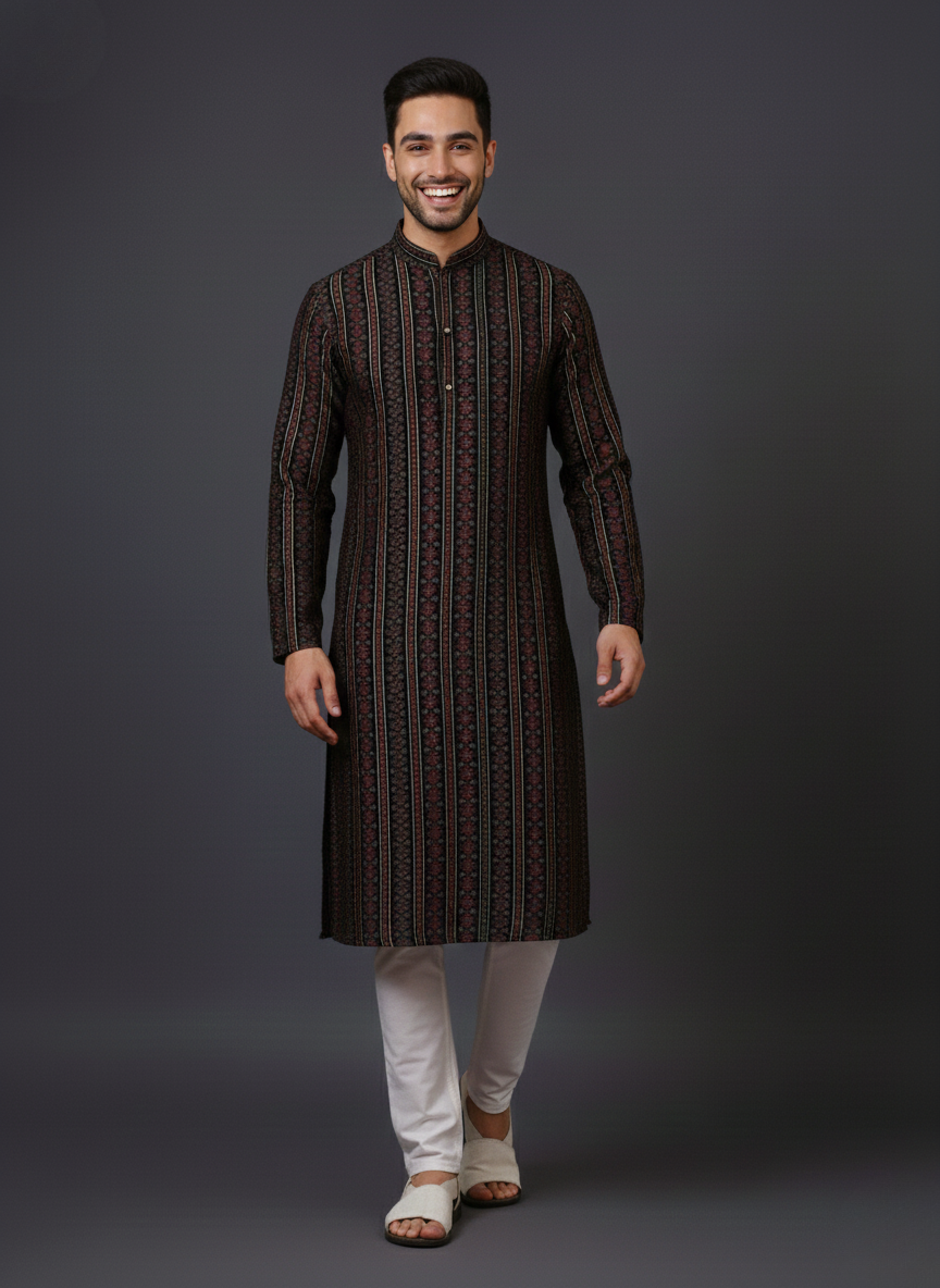 Embroidery Black Cotton Block Print Mandarin collar Regular fit Kurta