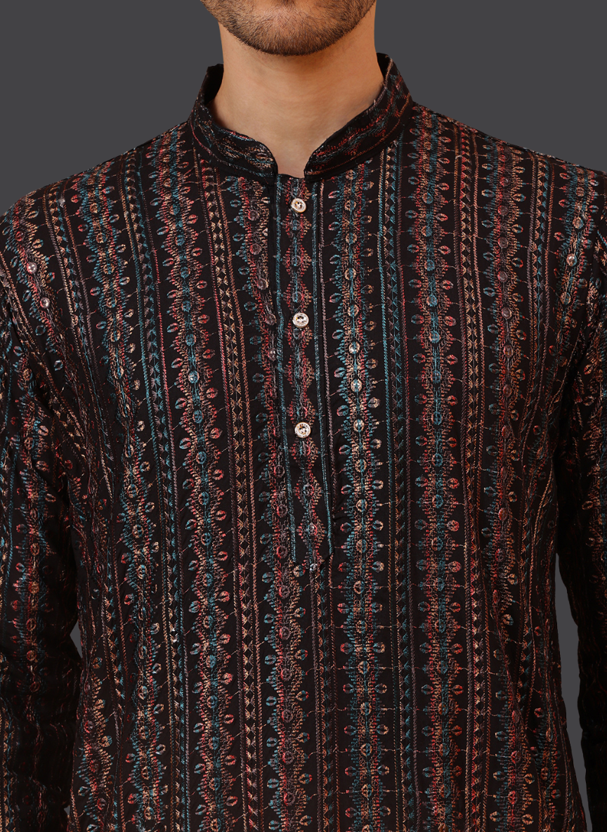 Embroidery Black Cotton Block Print Mandarin collar Regular fit Kurta