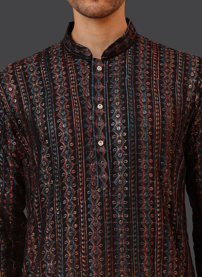 Embroidery Black Cotton Block Print Mandarin collar Regular fit Kurta