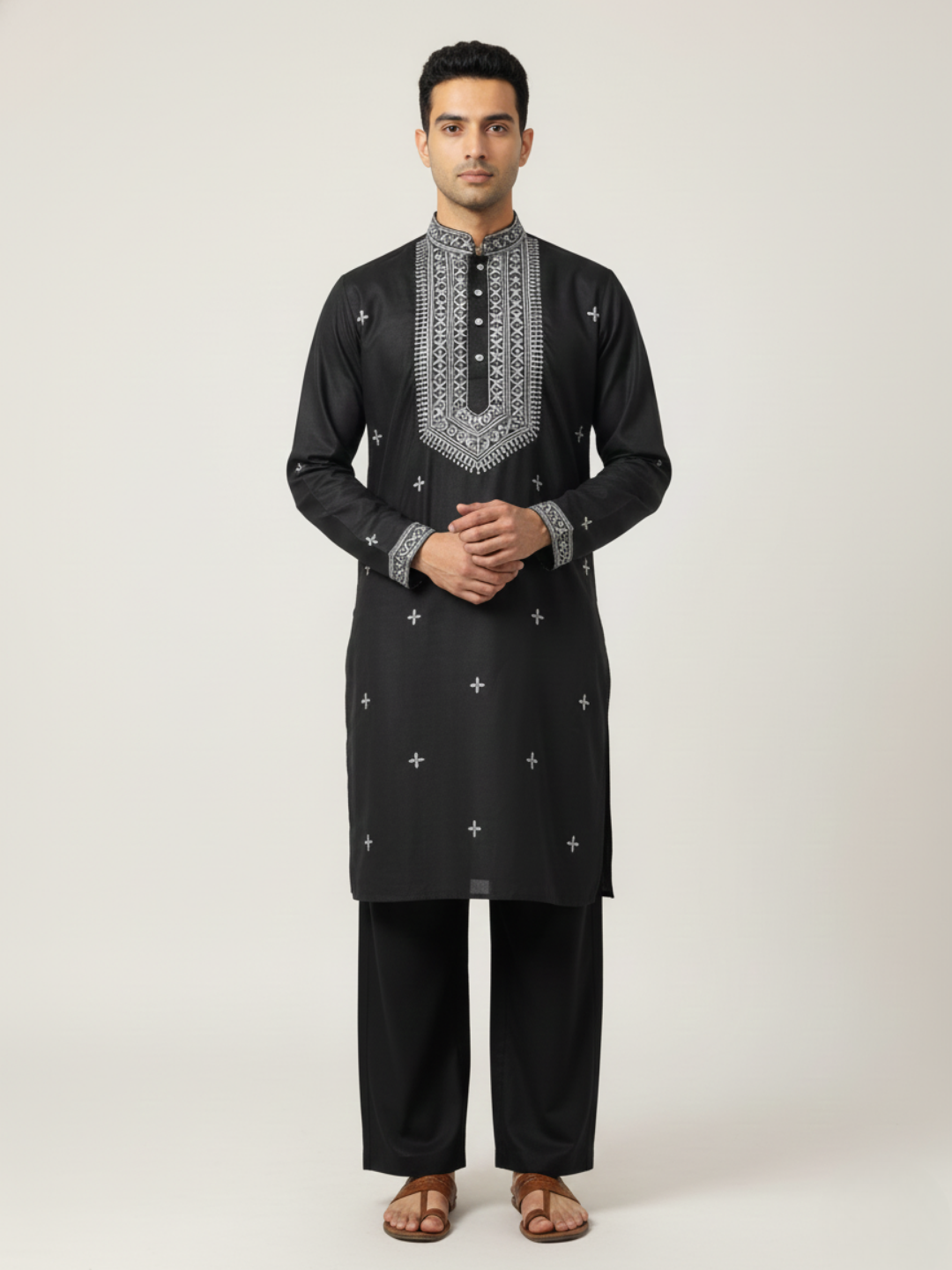 Blackberry Neck work Sequin Embroidery Mandarin Collar Regular Fit Kurta