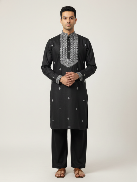 Blackberry Neck work Sequin Embroidery Mandarin Collar Regular Fit Kurta