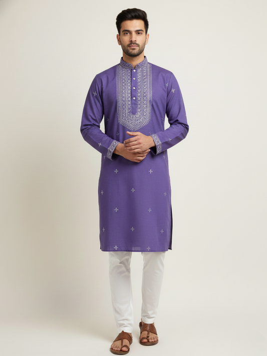 Love Language Lavender Neck work Sequin Embroidery Mandarin Collar Regular Fit Kurta