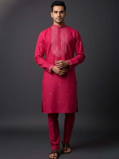 Bloom Beet Neck work Sequin Embroidery Mandarin Collar Regular Fit Kurta