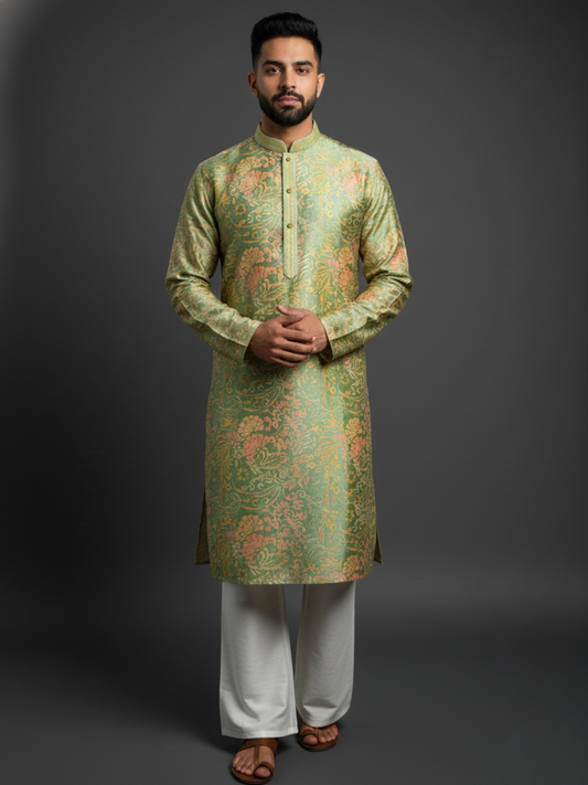 Sativa printed Mandarin Collar Regular Fit silk Kurta