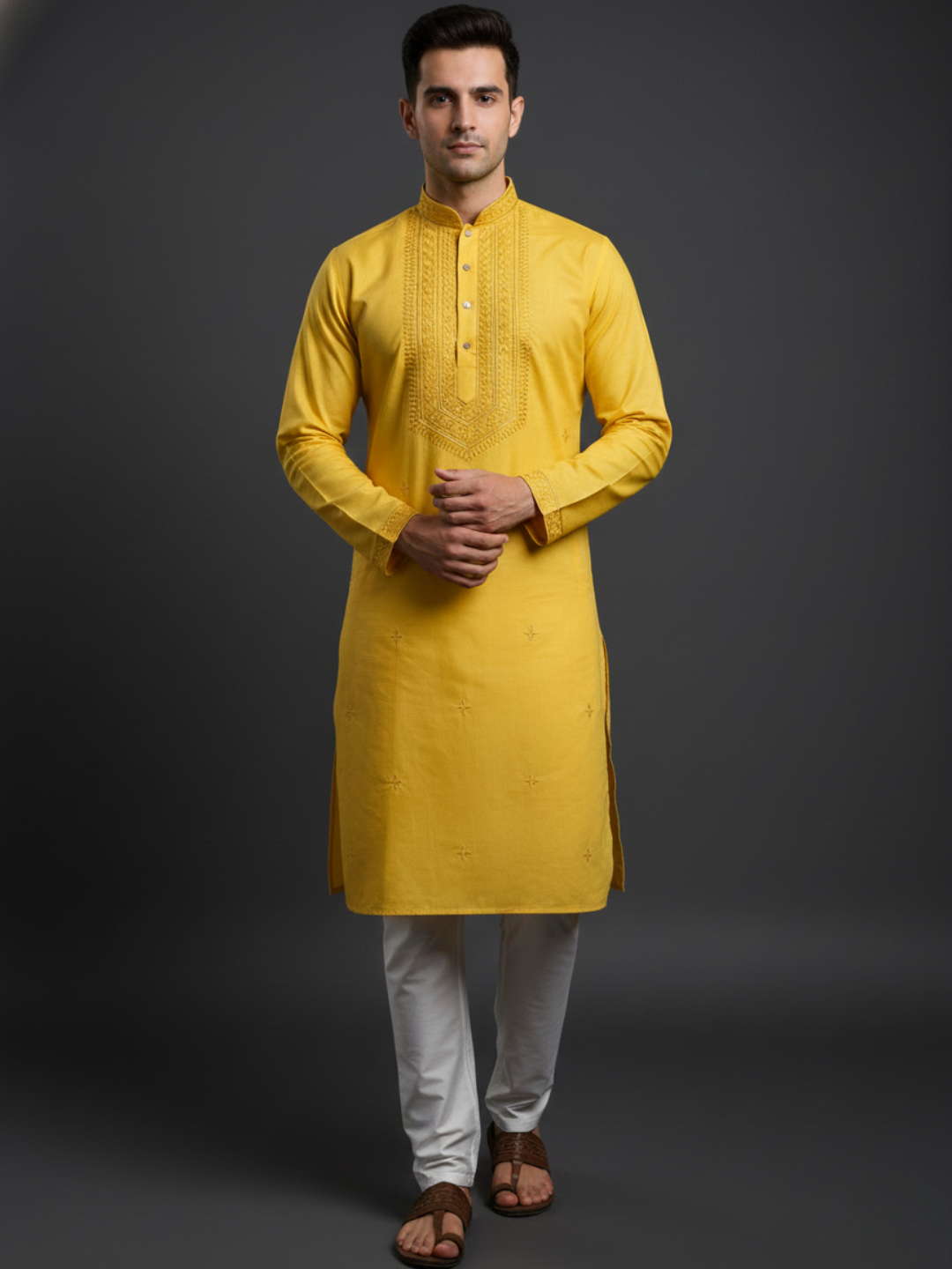 Golden Glow Neck work Sequin Embroidery Mandarin Collar Regular Fit Kurta