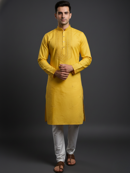 Golden Glow Neck work Sequin Embroidery Mandarin Collar Regular Fit Kurta