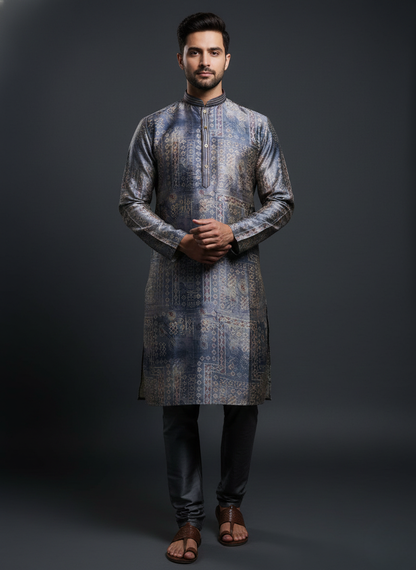 Greygooze printed Mandarin Collar Regular Fit silk Kurta