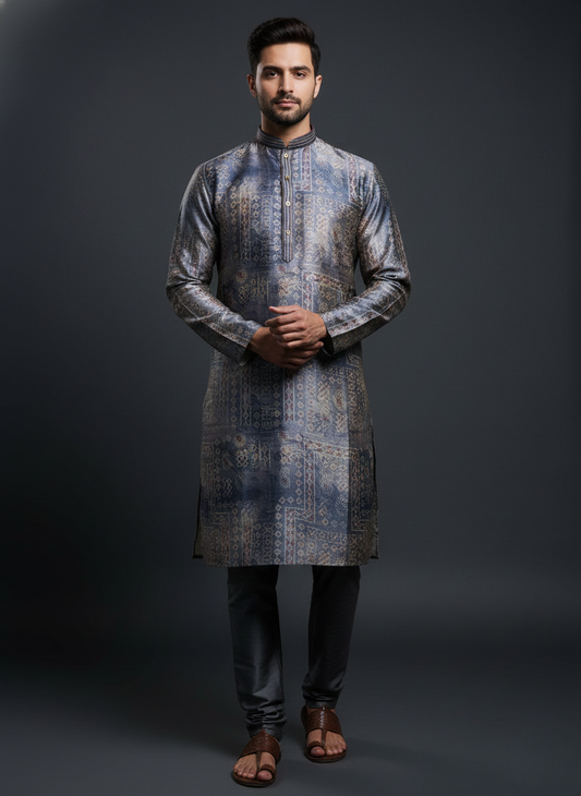 Greygooze printed Mandarin Collar Regular Fit silk Kurta