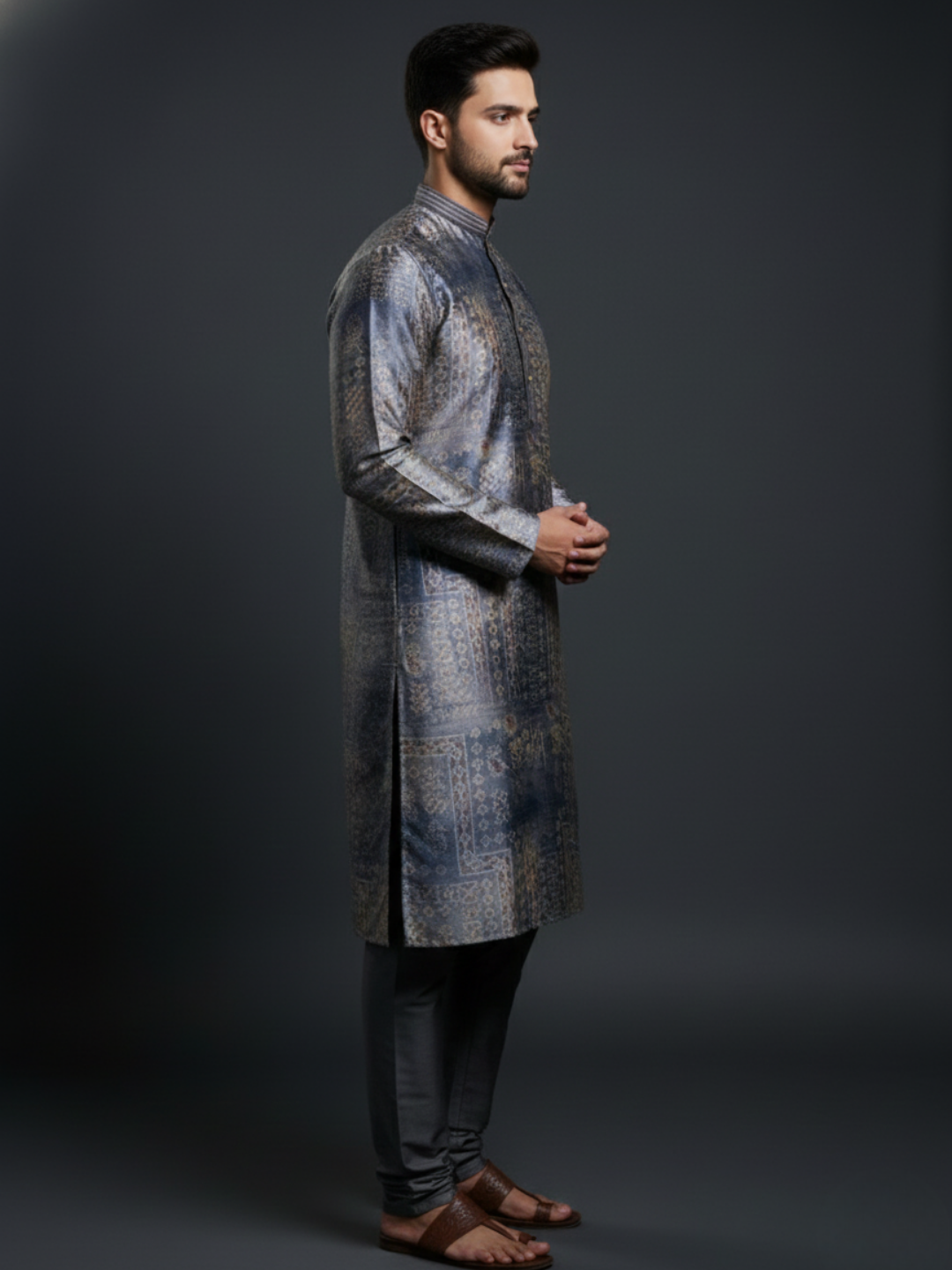 Greygooze printed Mandarin Collar Regular Fit silk Kurta