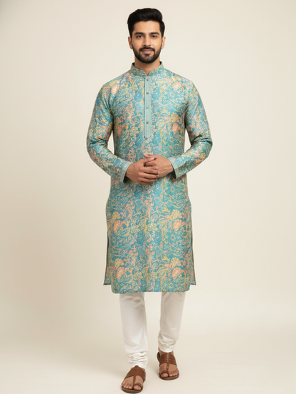 Sativa printed Mandarin Collar Regular Fit silk Kurta