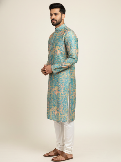 Sativa printed Mandarin Collar Regular Fit silk Kurta