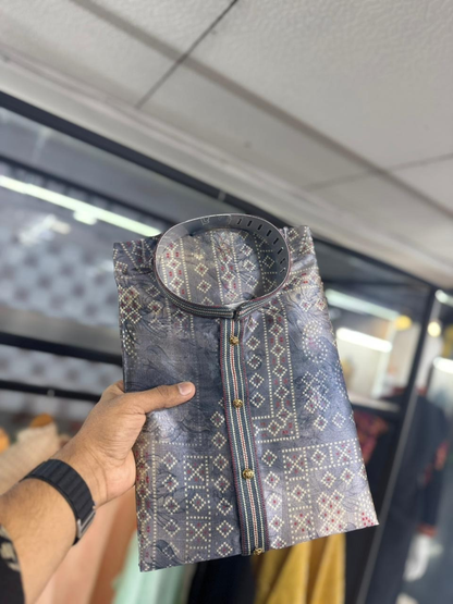 Greygooze printed Mandarin Collar Regular Fit silk Kurta