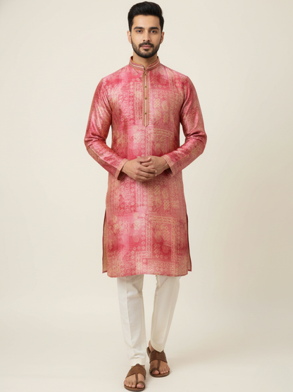 Greygooze printed Mandarin Collar Regular Fit silk Kurta