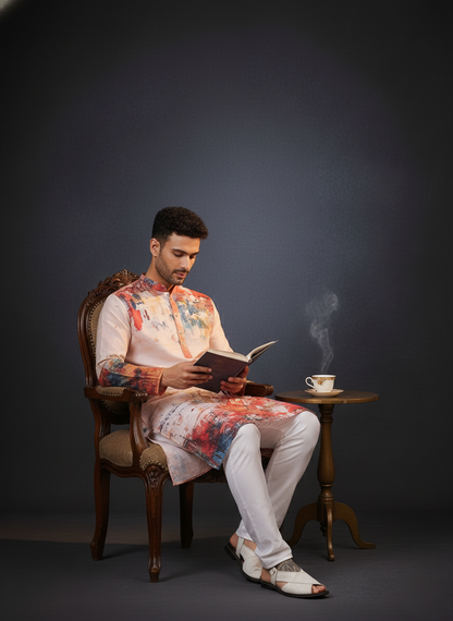 Artistic Red Mandarin Collar Regular Fit Kurta