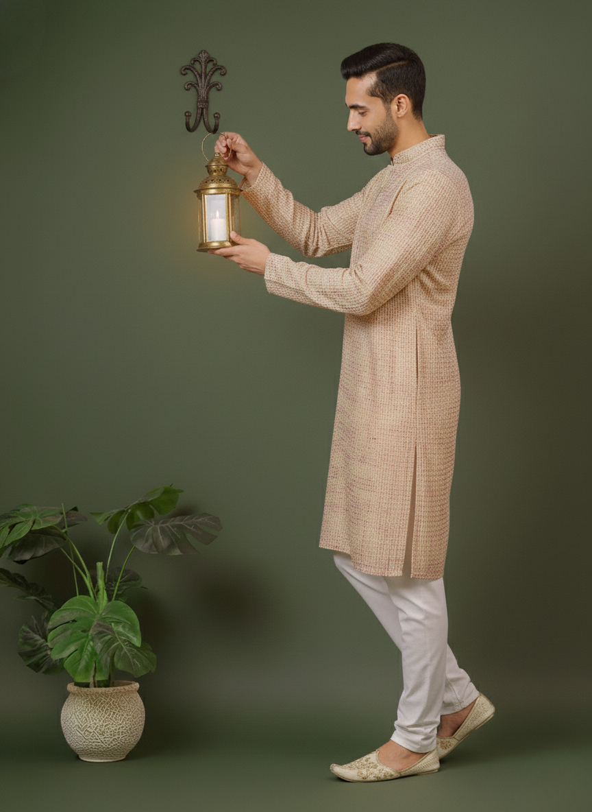 Diamond White Cotton Multi Color Block Print Mandarin Collar Regular Fit Kurta