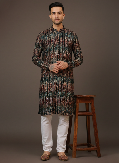 Black Stripes Cotton Multi Print Mandarin Collar Embroidery Designer Regular Fit Kurta