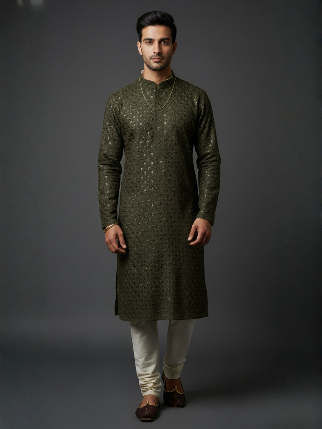 Luxe Sequience Embroidery Mandarin collar regular fit Kurta