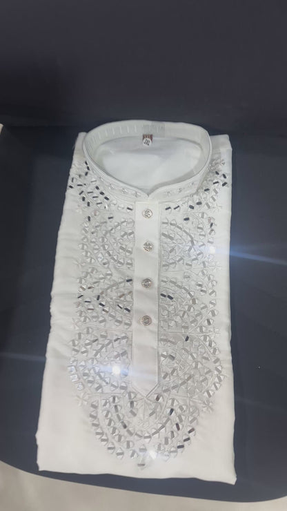 Pristine White Silk Kurta with Intricate Real Mirror Work
