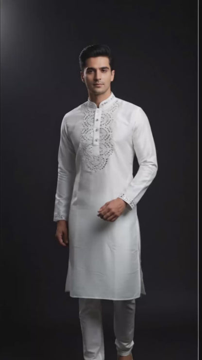 Pristine White Silk Kurta with Intricate Real Mirror Work
