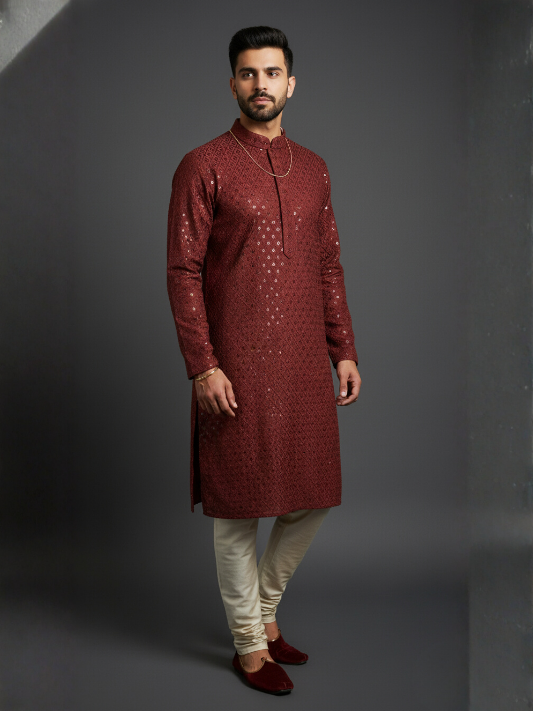 Luxe Sequience Embroidery Mandarin collar regular fit Kurta