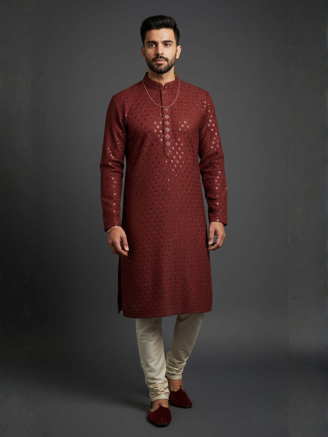 Luxe Sequience Embroidery Mandarin collar regular fit Kurta
