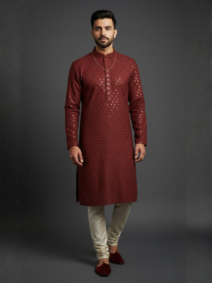Luxe Sequience Embroidery Mandarin collar regular fit Kurta